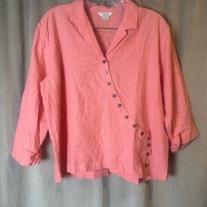 Christopher & Banks Coral Asymmetrical Button Blouse linen blend abalone buttons